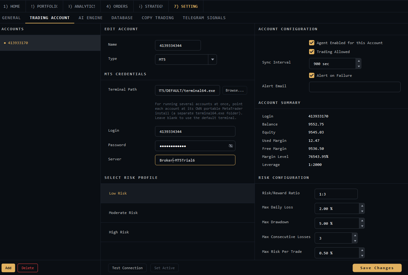 Alphaxis per-account risk configuration: risk/reward, max daily loss, max drawdown, max consecutive losses, and max risk per trade
